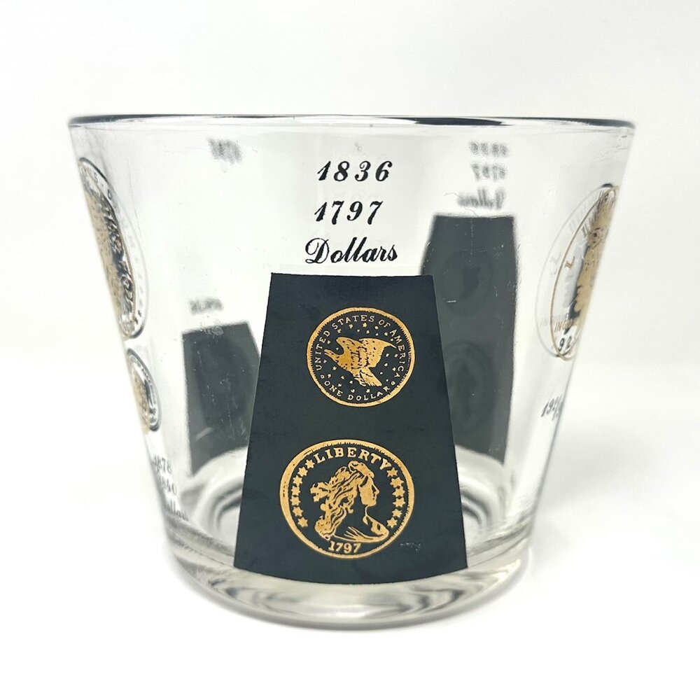 Mid Century Modern Vintage Cera Glass Ice Bucket Coins Design Black Gold